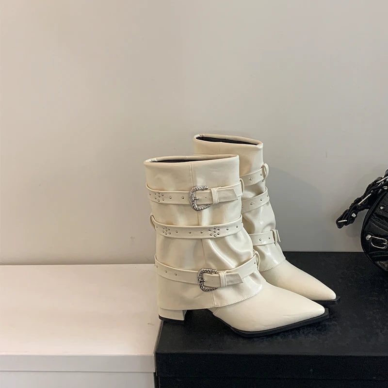 LBSFY -Biker Boots for Women Buckle Knee High Boots Pointed Toe Punk Motorcycle Goth Fashion Boots Winter Shoes Street Boot