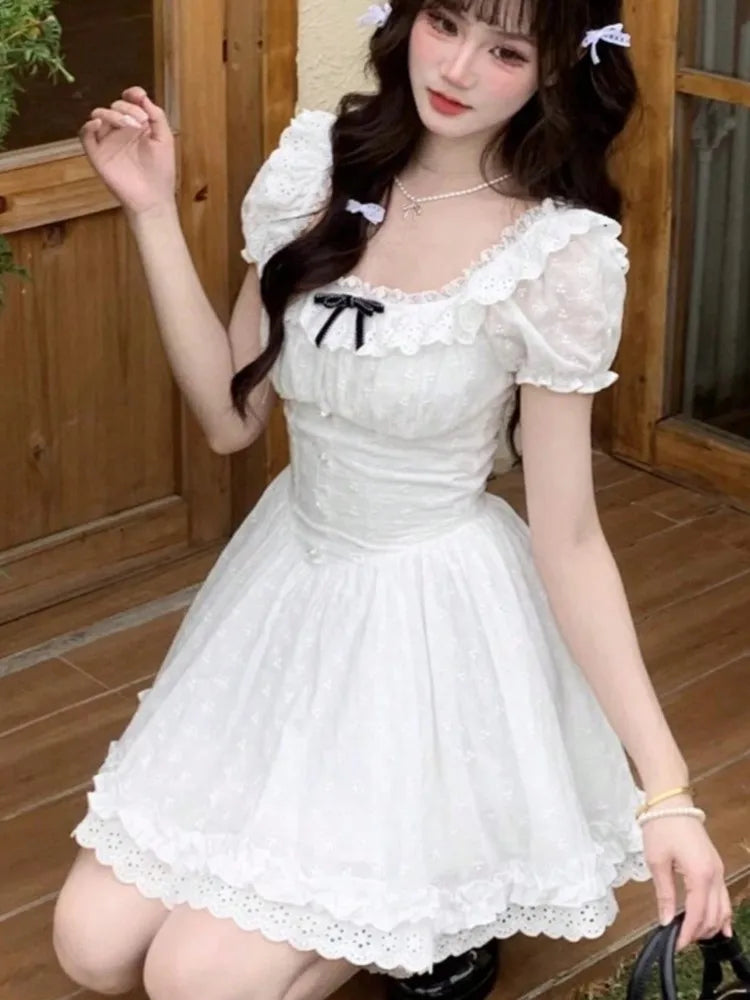 LBSFY -Chic 2025 Summer Sweet Lace Spliced Birthday Party Dress Women Square-Collar High Waist Bubble Short Sleeve A-Line Short Dresses