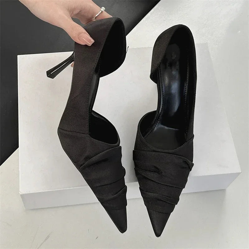 LBSFY -Design Style Pleated Shallow Pointed Toe Women Pumps Fashion Thin High Heels Party Dress Mule Female Shoes