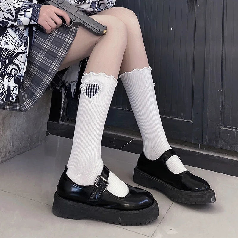 Lbsfy Socks Women Cotton Lolita Harajuku White Black Students Lovely Cute Kawaii Ruffle Calf Sock Love Female Grid Girls Gift Stocking