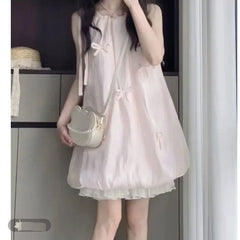 LBSFY -Sweet Pink Butterfly Knot Flower Bud Dress Women's Loose Slimming Short Skirt Summer New Style Student Mini Dress Casual Chic