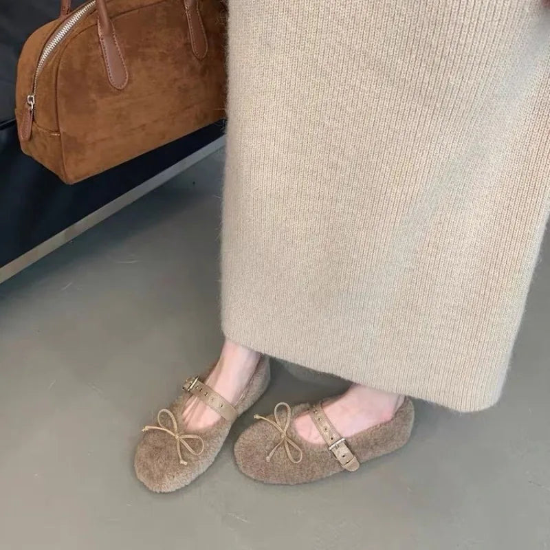 LBSFY -New Women's Shoes Woman Flats Low Heels Casual Female Sneakers Slip-on Loafers Fur Round Toe Shallow Mouth Boat Slip on Winter