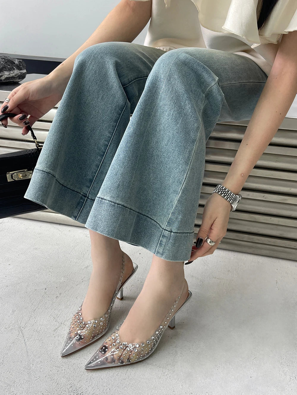 LBSFY  -  Pointed Toe Women Sandals Transparent Silver Rhinestone Crystal Dress Shoes Thin High Heels 2024 New Arrivals Pumps Sexy 35-41