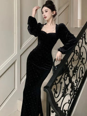 LBSFY -Elegant Velvet Black Mermaid Dress for Women Autumn Vintage Slim Solid Lantern Sleeve Dresses Fashion Evening Party Female Robe