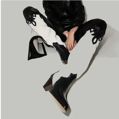 LBSFY  -  Genuine Leather Black White Mixed Color Pointed Toe Spike Heels Knee High Boots Women Slip On Tube Fashion Long Botas Shoes