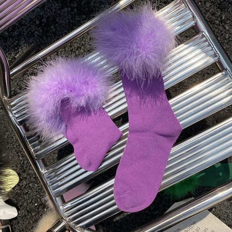 Lbsfy Pink Women Fur Socks Jk Lolita Middle Tube Socks Feather Kawaii Japanese Cotton Funny Cute Pile Socks Cosplay Party Accessories