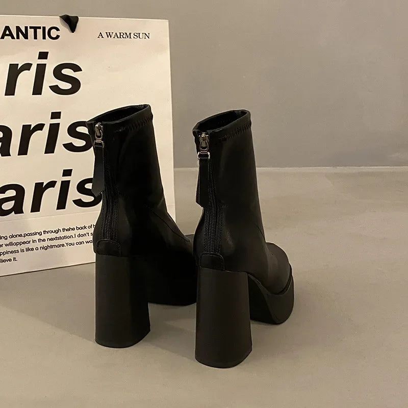 LBSFY  -  Platform Boot Shoes for Women Modern Western Black Femme Botas Punk Goth Female Winter High Heeled Shoes Round Toe Heels Botines