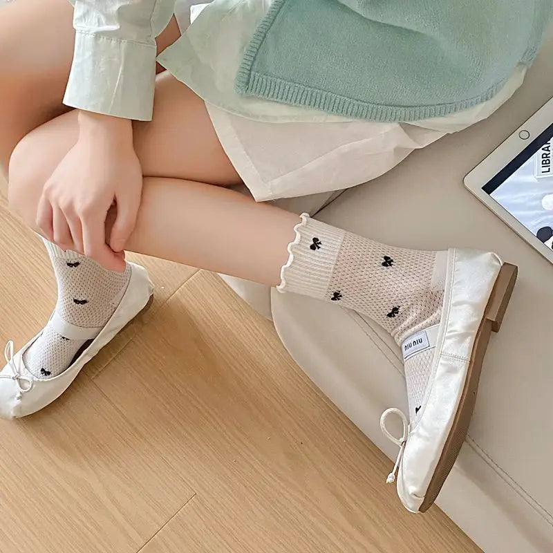 Lbsfy Women's Socks Spring Summer Bamboo Fiber Bow Girls Ruffle Socks Lolita Kawaii Simple Black White Thin Mesh Breathable Girls Gift
