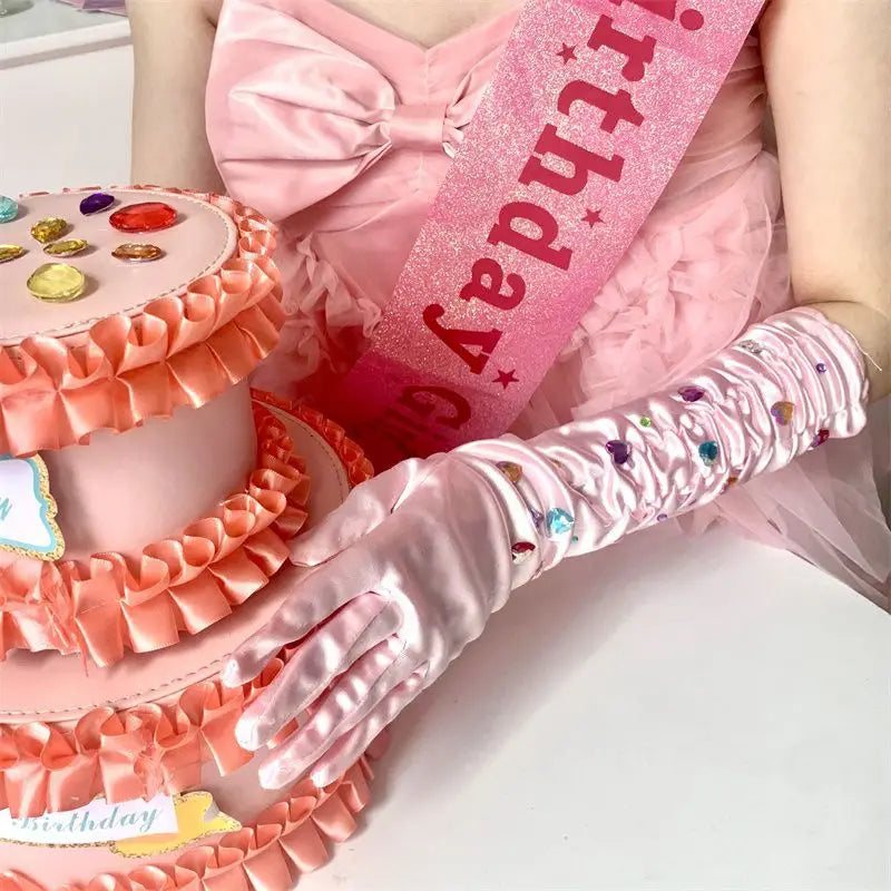 Lbsfy Sweet Bow Glove Diamond Birthday Party Decoration Photography Prop Y2K Girl Silk Sleeve Japanese Arm Cover Satin Arm Sleeve