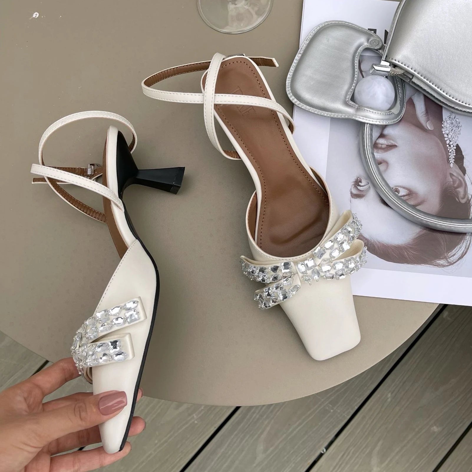 LBSFY  -  Rhinestone Bow High Heeled Sandals Women Ankle Straps Low Heel Slingback Sandals Square Headed Pumps Women Sandalias Mujer