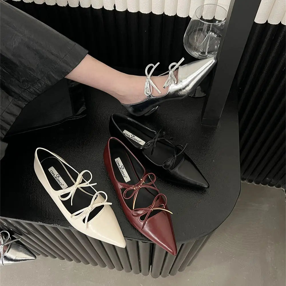 LBSFY  -  Pointed Toe Women Flats Loafers Black White Silver Wine red Fashion Dress Shoes Woman Flat Heeled Bow Design Slip On Party Shoes