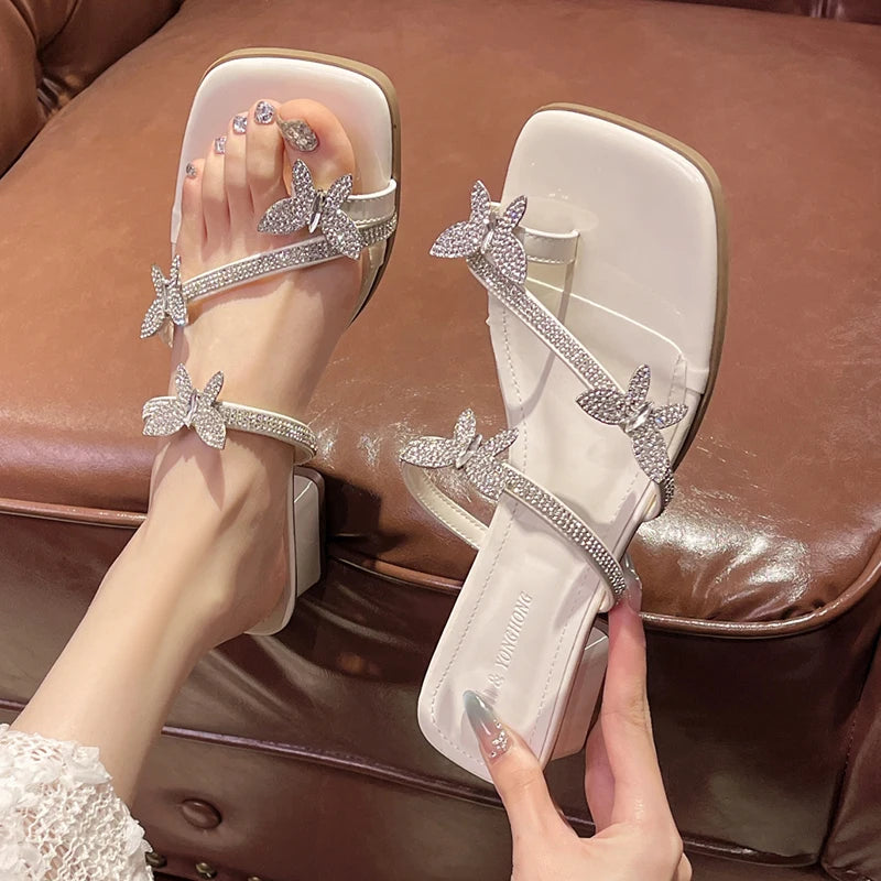 LBSFY  Fashion Silver Crystal Sandals Women Rhinestone Butterfly Thick Heel Sandles Woman Summer Med Heeled Party Shoes Female