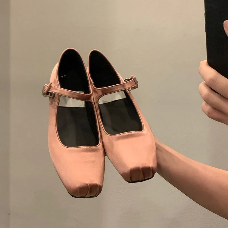 LBSFY  -   Spring New Women Pink Flat Shoes Fashion Silk Square Toe Shallow Ladies Ballet Shoes Soft Casual Flat Mary Jane Shoes