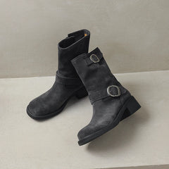 LBSFY  -  Plus Size 34-41 Cow Suede Ankle Boots Square Toe Buckle Motorcycle Booties Chunky Heels Retro Winter  Short Botas