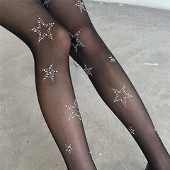 Lbsfy Y2k Star Diamond Rhinestone Fishnet Sexy Women Pantyhose Thigh High Stockings JK Lolita Girls Kawaii Bling Underwear Pantyhose