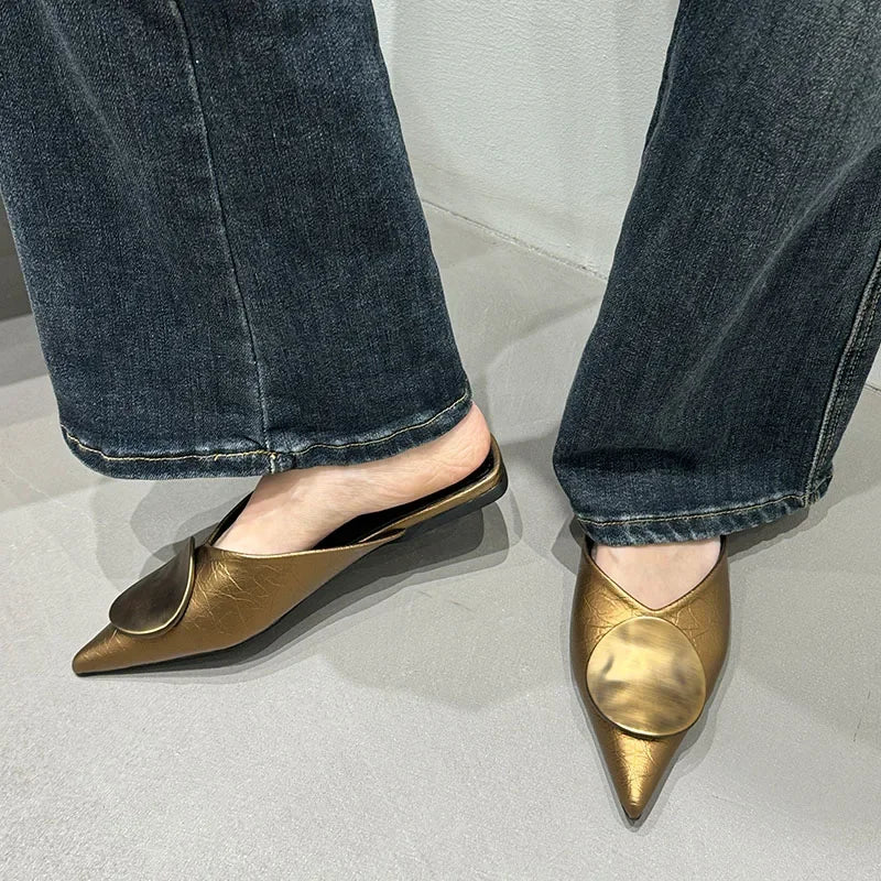 Lbsfy Women Slippers Designer Flat Sandals Summer Slides Non-slip Metallic Color Fashion Footwear Brand Pointed Toe Mules Ladies