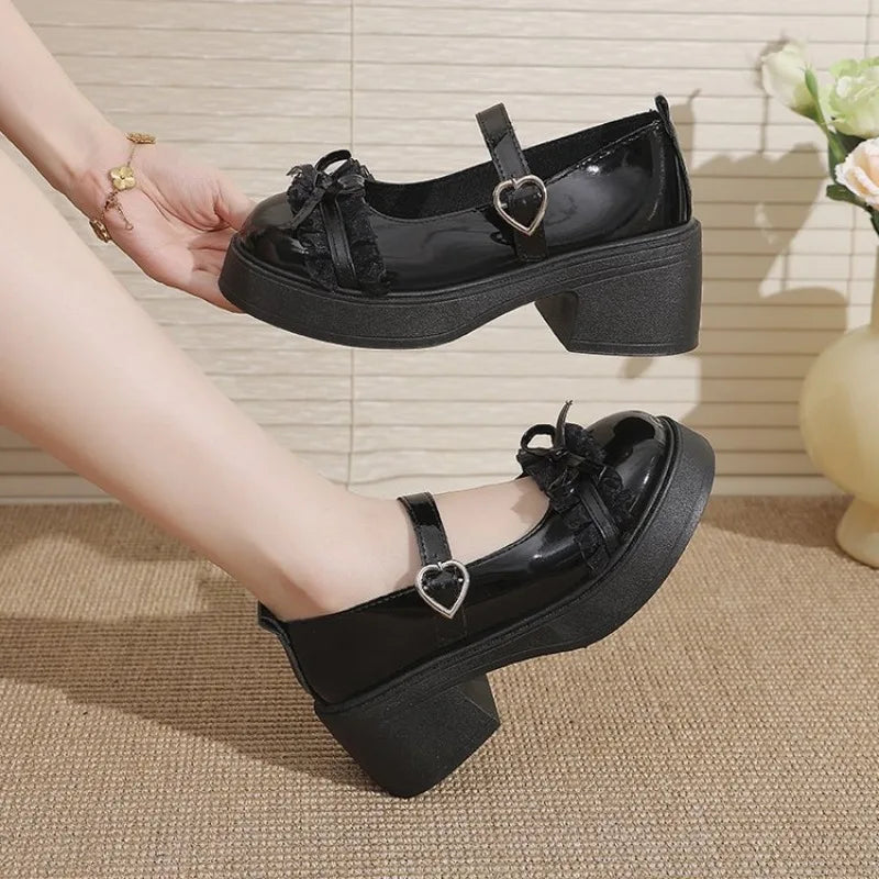 LBSFY -Ankle Buckle Chunky Heels Bow Women Japanese Style Patent Leather Mary Jane Shoes Woman Punk Thick Heels Single Lolita Shoes