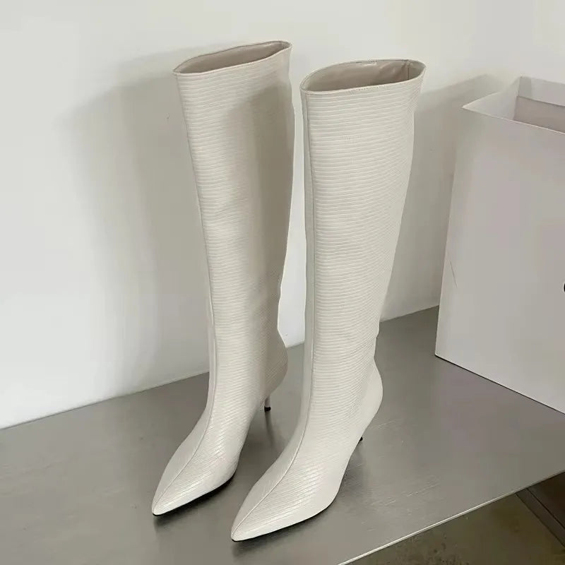 LBSFY -Sexy Gingham Pointed Toe Women Knee-High Boots High Quality Party Dress Modern Long Booties Thin Low Heels Shoes