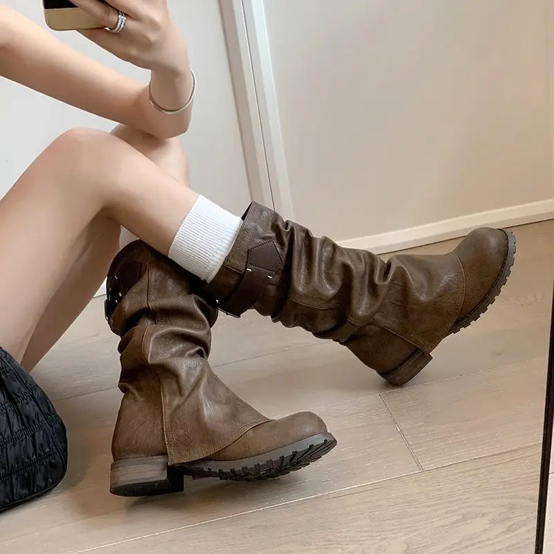 LBSFY  -  2025 New Genuine Leather Boots Women Pleated Mid Calf Boots Handmade Retro Western Boots Ladies Shoes