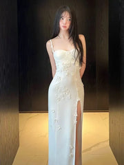 LBSFY -Sexy Elegant Flower White Women's Dresses Off-shoulder Strap Waisted Slim-fit Side Slit Long Dress Summer Party Birthday New