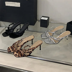 LBSFY -Summer Fashion Leopard Narrow Band Woman Slippers Thin Low Heels Party Stripper Ladies Mules Slides Zapatos Mujer