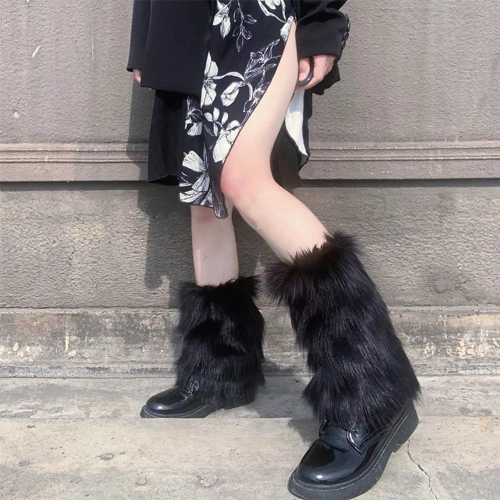 Lbsfy E-girl Furry Leg Warmers Boot Covers Y2K Goth White Faux Fur Leg Warmers Punk Jk Knee-length Hiphop Warm Sock Fashion Socks