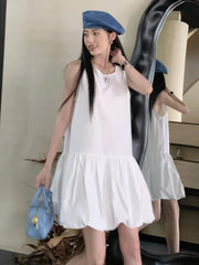 LBSFY -Summer Elegant Korean Solid Short Women's Dress Sweet Sleeveless O-Neck Loose-Fit Casual Office Lady Ball Gown Mini Skirt 2025