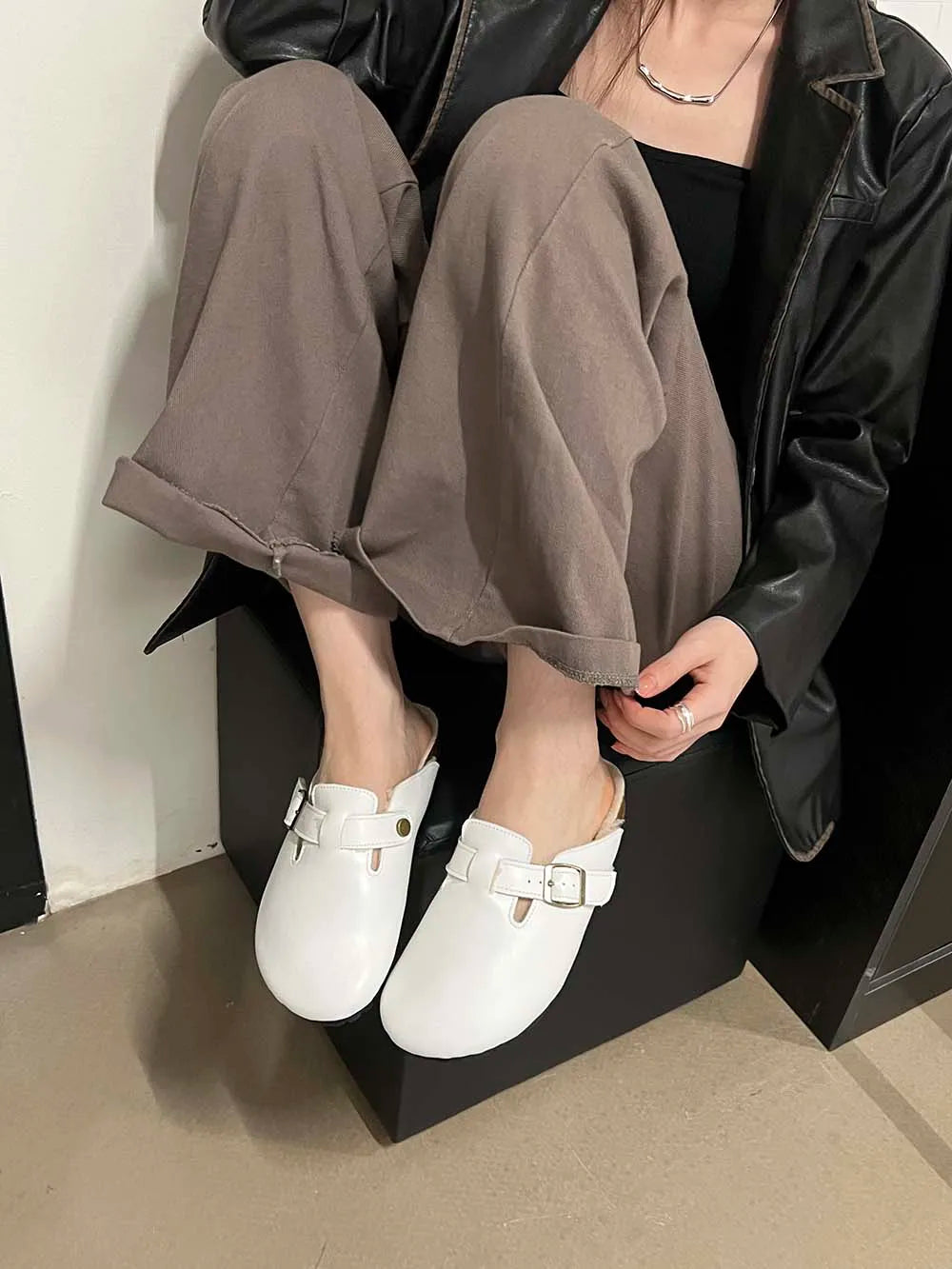 LBSFY  -  Round Toe Women Flat Slides Slippers Fashion Dress Shoes Black White Brown 2023 New Arrivals Belt Buckle Design Office Shoes 39