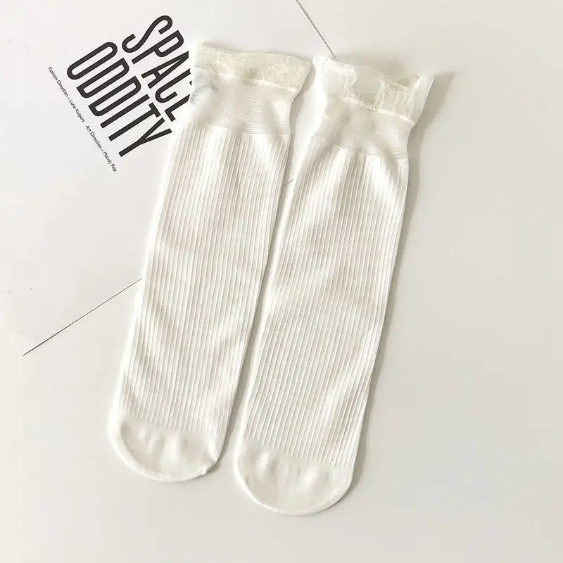 Lbsfy 5Pairs Transparent Lace Frilly Ruffle Socks Women Girls Velvet Ultra-thin Long Sock Summer Harajuku Hollow Out Sox Hosiery
