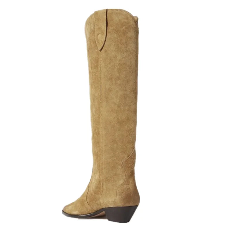 Lbsfy Women Knight Boots Apricot Cow Suede Leather Women's High Boots High-quality Slip On Chunky Heels Female Shoes Botas De Mujer