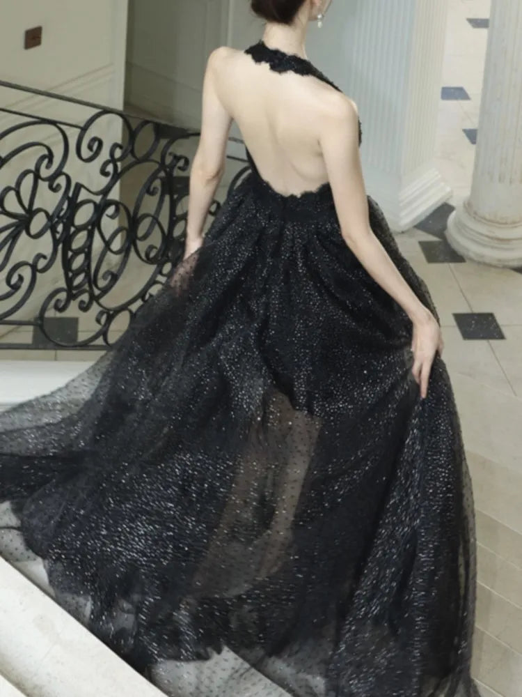 LBSFY -French Elegant Black Midi Women's Evening Dresses Mesh V-Neck Backless Halter Sequin Vestidos Spring Summer Prom Female Clothes