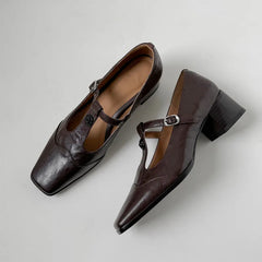 LBSFY  -  Fashion Pumps New High Quality True Leather Square Head T-shaped High Heels Mary Jane Shoes Commuter Women's Shoes