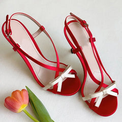 LBSFY  -  Open-toed Red Stiletto Bow Buckle with Sandals Women's Summer 2024 New Sexy Sweet High Heels
