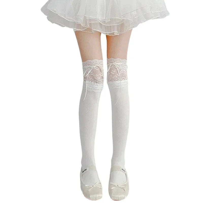 Lbsfy Thigh High Socks Knit Lace Bowknot Autumn and Winter Thick Leg Warmers Stockings White Black Lolita Cute Over the Knee Socks
