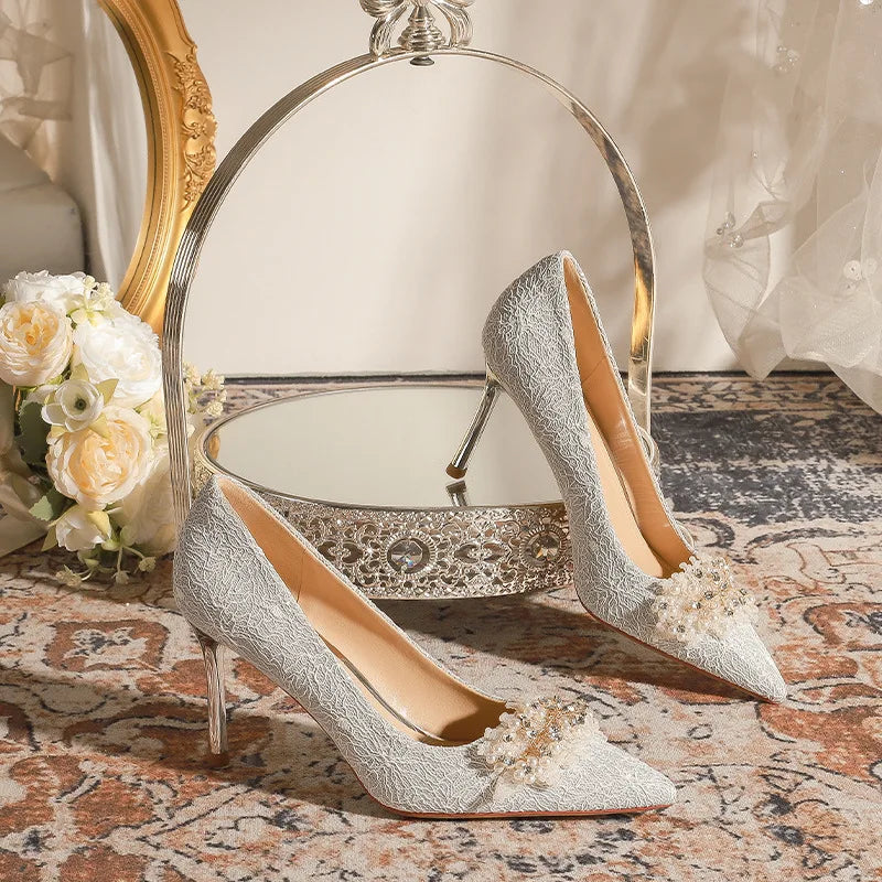 LBSFY  -  Size 32-43 Silver Wedding Shoes High Heels Women's Stiletto Heel Banquet Bride Shoe Point Toe