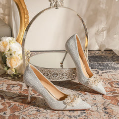 LBSFY  -  Size 32-43 Silver Wedding Shoes High Heels Women's Stiletto Heel Banquet Bride Shoe Point Toe