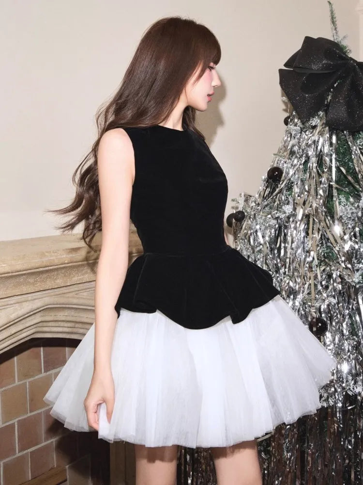 LBSFY -French Princess Mesh Velvet Patchwork Women's Dresses Elegant Black Sleeveless Ball Gown O-Neck Dress Party Evening Vestidos New