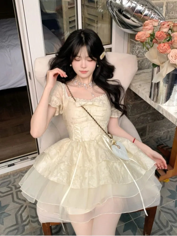 LBSFY -Kroean Y2K Yellow Preppy Style Cake Dress Puff Sleeves Mesh Ball Gown Ruffles Mini Woman Dresses Abend Kleider Spring Summer New