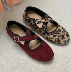 LBSFY -Luxury Spring New Women's Leopard Horsehair Narrow Band Cross Strap Flats Round Toe Leisure Soft Comfortable Female Ballerinas