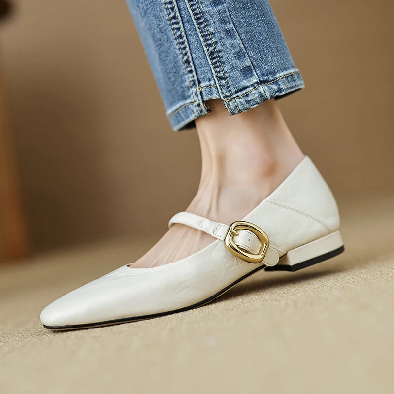 LBSFY  -  Low Heels Women Pumps Fashion Buckle Strap Mary Janes Genuine Leather Spring Summer Casual Working Shoes Woman 2024 White Heels