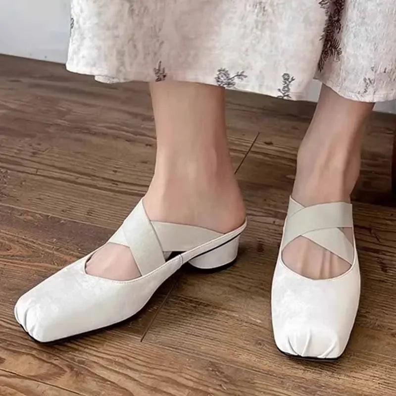 LBSFY  -  Chunky Women Slippers Ballet Shoes Sqiare Toe Fashion Mid Heels Sandals Summer New 2024 Designer Walking Dress Slingback Shoes