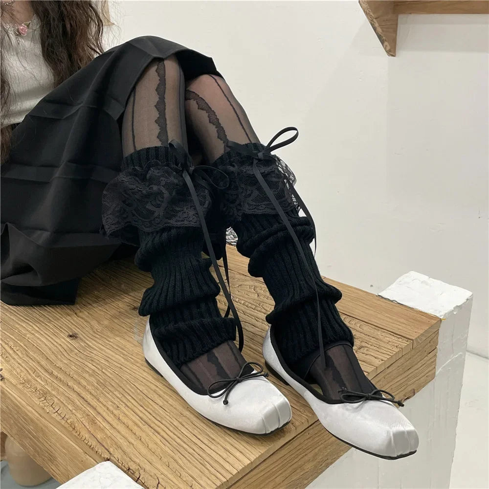 Lbsfy Japanese JK Lolita Girls Bow Streamer Leg Socks Knitted Lace Leg Cover Pile Socks Japanese Y2K Leg Warmers Accessories