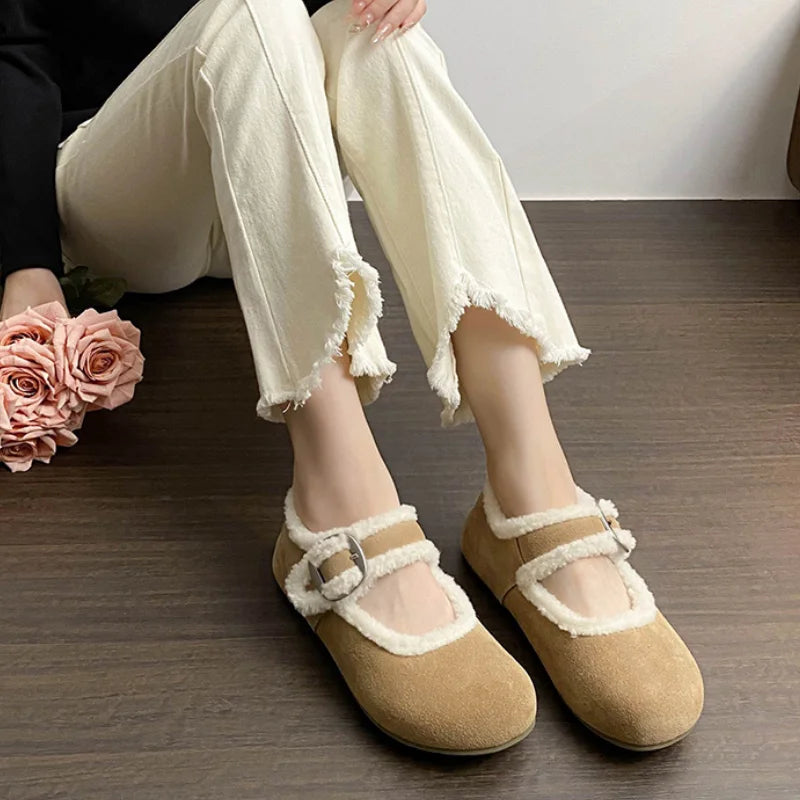 LBSFY  -  Designer Winter Mary Jane Cotton Shoes Women Belt Buckle Fashion Warm Fur Flats Shoes Femme Comfort Soft Sole Ballerina Shoes