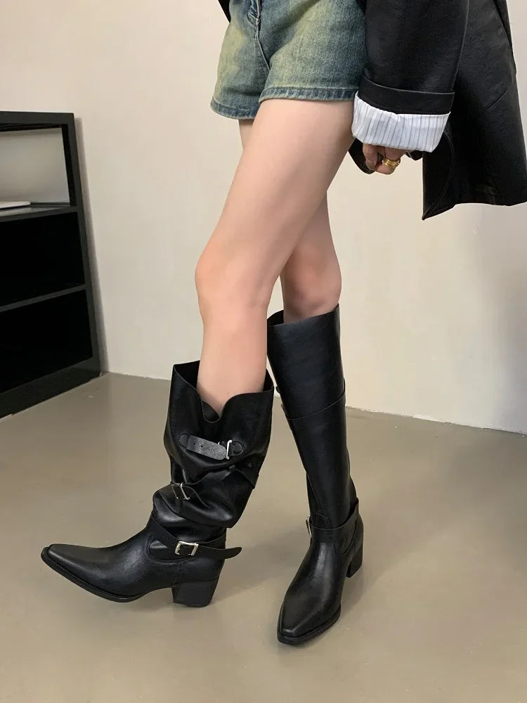 LBSFY -Winter Black Punk Round Toe Knee-High Women Boots Square Heels Buckle Strap Ladies Booties Shoes Zapatillas De Mujer