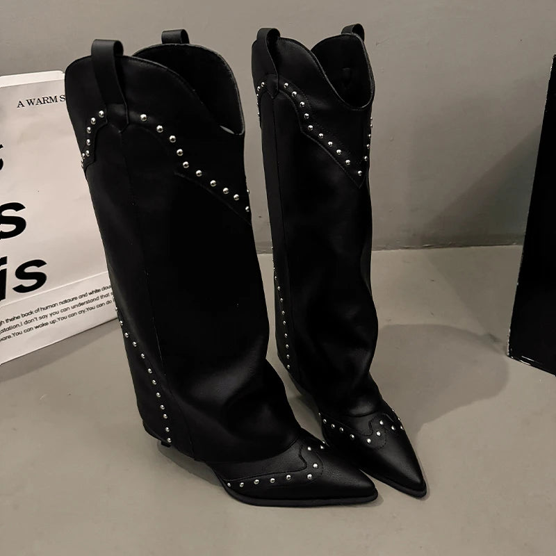LBSFY -Woman Cowgirl Boots Fashion Slip on Ladies Elegant Square Heel Long Pipe Boots Shoes Retro Women's Winter Footwear