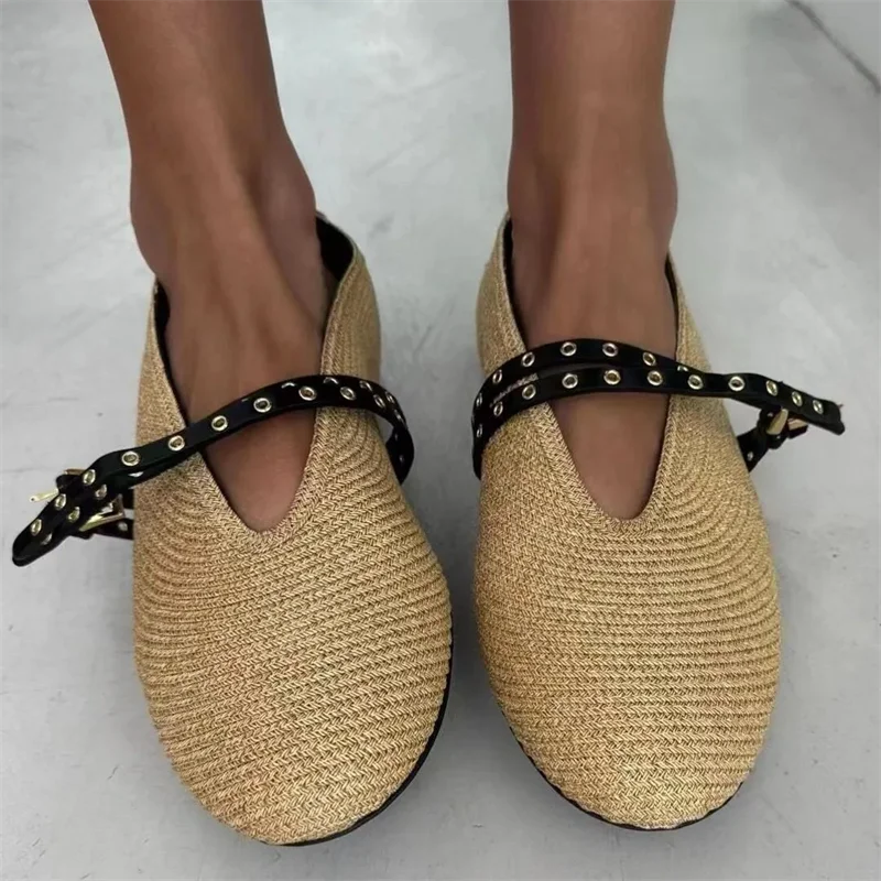 Lbsfy Hand Knitting Buckle Strap Women Ballet Flats Shoes Solid Color Casual Women Mary Janes Shoes Breathable Round Toe Loafers