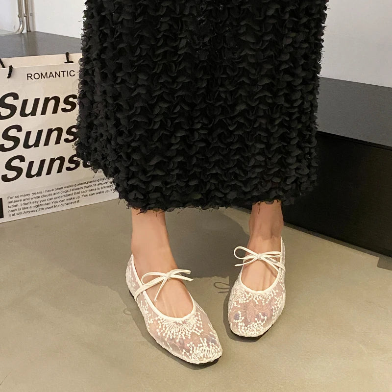 LBSFY -Mesh lace inner heightening women's shoes 2025 summer new sexy square head shallow breathable ballet shoes bow flat shoes