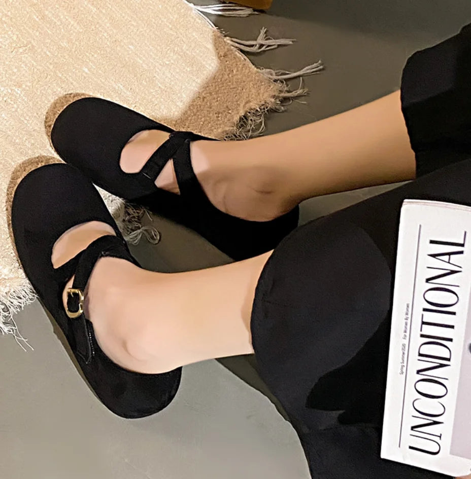 LBSFY -Retro Faux Suede Flat Internal Increase Women Dance Shoes 2025 Spring Autumn New French Casual Commuting Mary Jane Shoes Woman