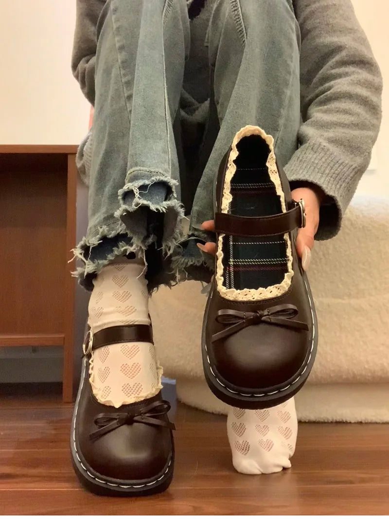 LBSFY -Butterfly-knot Lolita Women Leather Shoes Shallow Round Toe Ladies Concise Outdoor College Style Mary Jane Shoes
