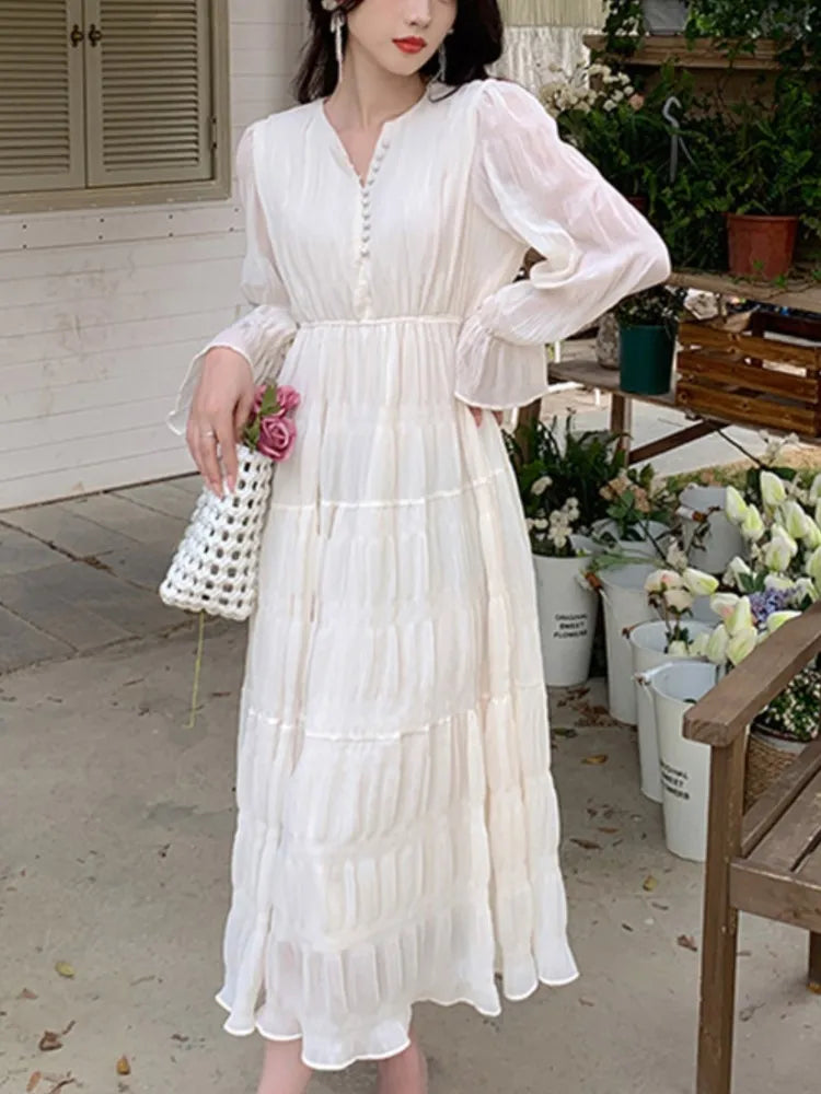 LBSFY -Elegant Princess Evening Dress for Women High Waist A-line V-Neck Autumn French Casual Prom Robe One Piece Vestidos Mujer New